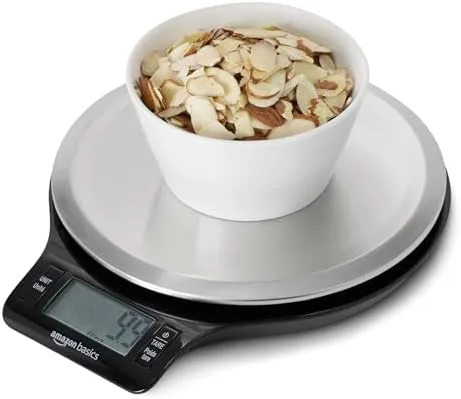 Amazon Basics digital kitchen scale angled view with almonds bowl