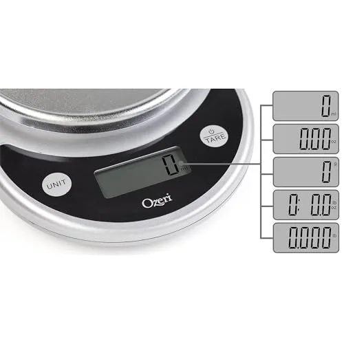 Ozeri Pronto scale display showing measurement units and weight reading