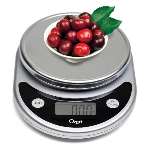 Ozeri Pronto scale weighing cherries on kitchen counter