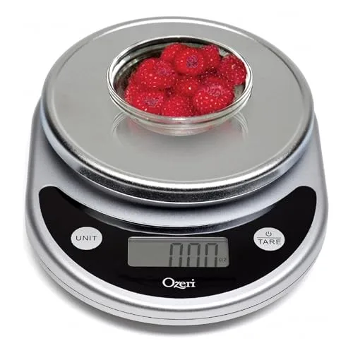 Ozeri Pronto kitchen scale weighing raspberries in a bowl