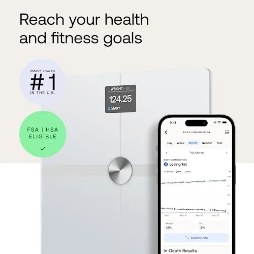Withings Body Smart scale showing weight with body composition app screen