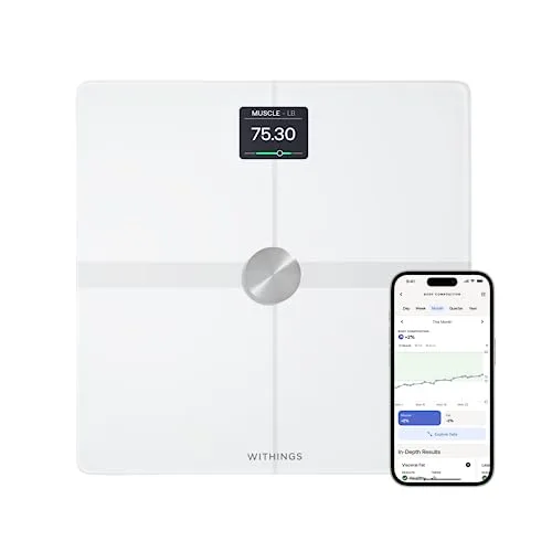 Withings Body Smart scale with 2.86-inch color screen beside app view