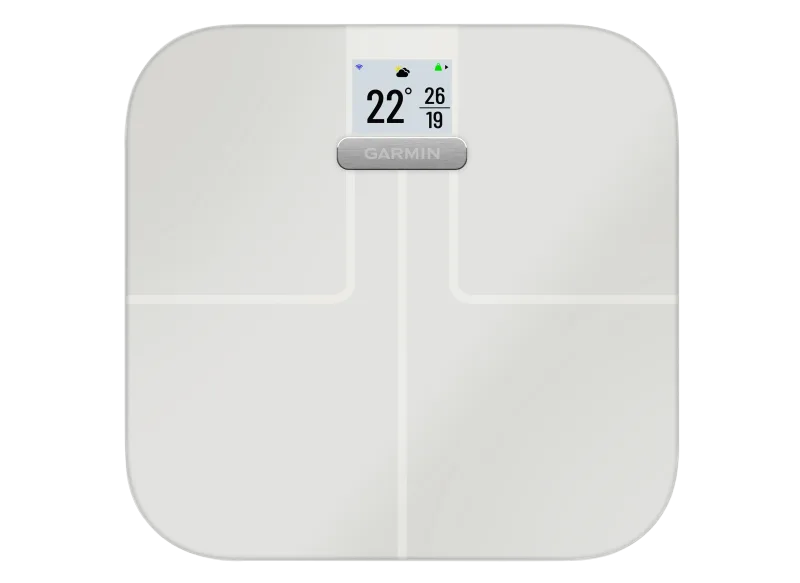 Garmin Index S2 smart scale showing weight and icons on color LCD