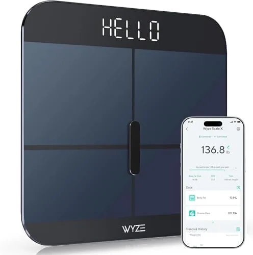 Wyze Smart Scale X front view highlighting its requirement for iOS 14+ or Android 7.0+