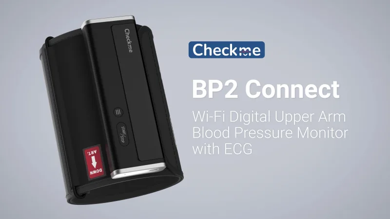 Checkme BP2A blood pressure monitor with ECG electrodes highlighting the plastic body and overall build