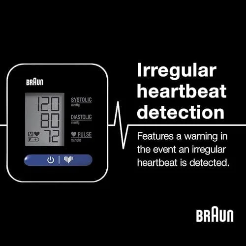 Braun ExactFit 1 display with large LED showing blood pressure readings and color-coded AHA risk indicator