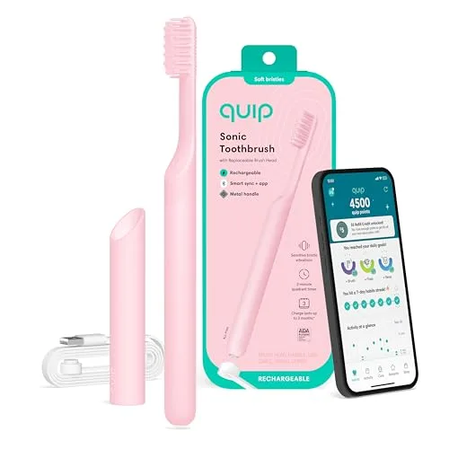 Quip Rechargeable Smart Sonic Toothbrush with slim pink metal handle and compact profile