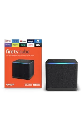Amazon Fire TV Cube 3rd Gen with Alexa Voice Remote and cube on table