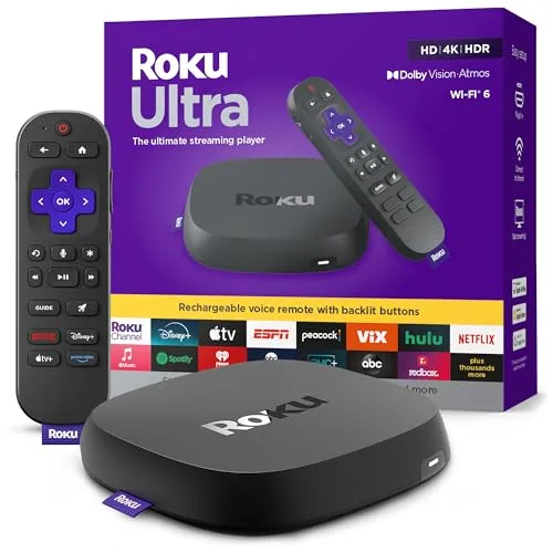 Roku Ultra 2024 with Voice Remote Pro showing backlit buttons