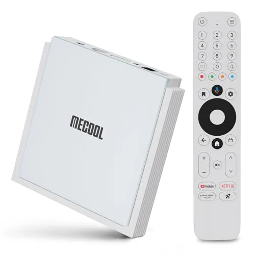 MECOOL KM2 Plus Deluxe Android TV box product shot showing compact black enclosure
