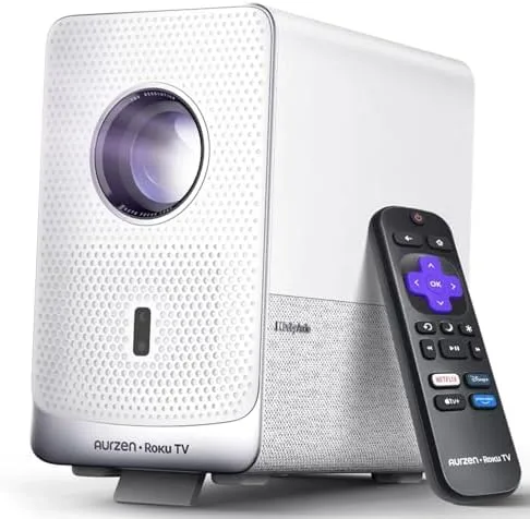 Aurzen D1R Cube Roku TV smart projector front view showing compact cube design