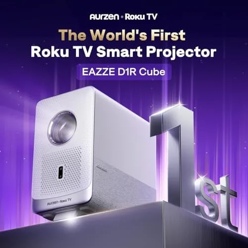 Aurzen D1R Cube Roku TV smart projector angled view highlighting manual lens cover