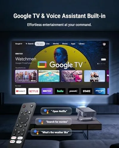 Pemoon 4K Projector with Google TV alternate view showing front lens and auto lens cap area