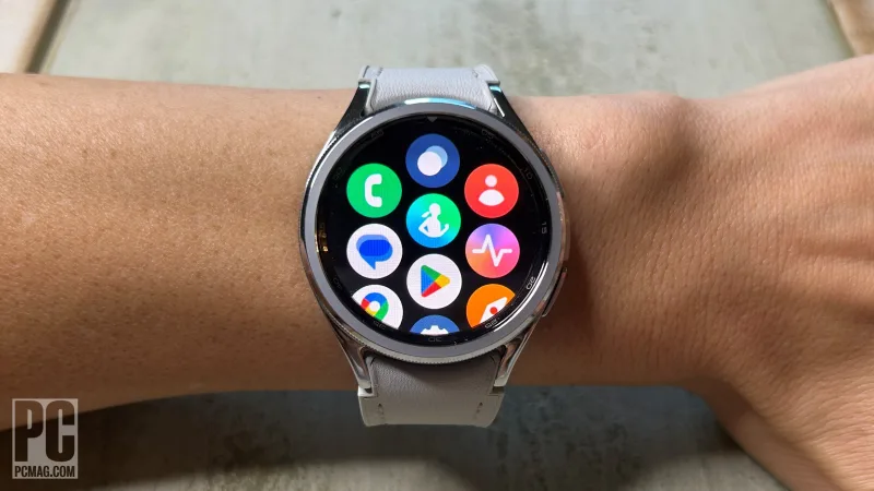 Samsung Galaxy Watch 6 app grid UI showing Wear OS icons