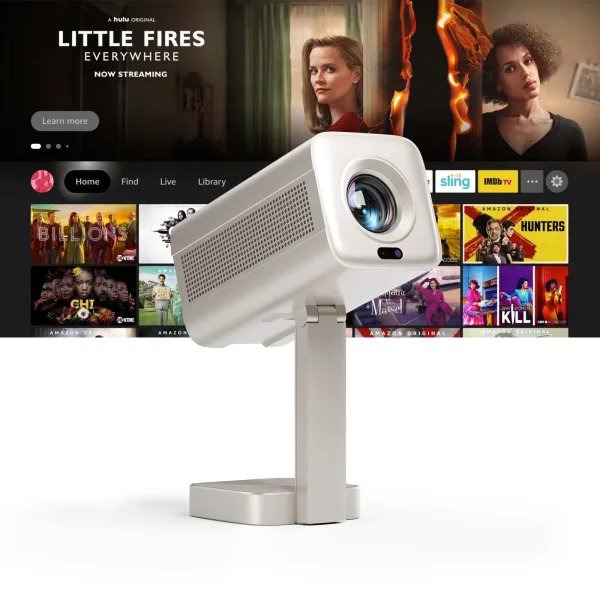 Light gray VOPLLS K3 projector with its adjustable hinged stand