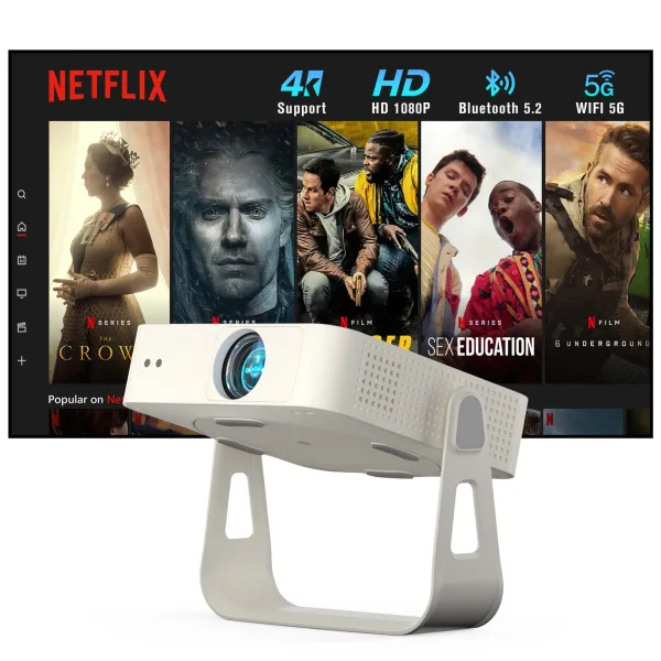 White XuanPad Q5 projector with a promotional image of its built-in streaming interface