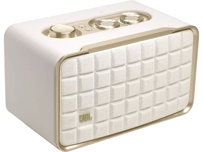 White JBL Authentics 200 with gold trim and three top controls