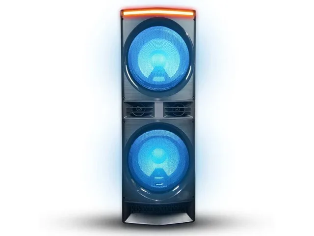 Front view of the Gemini GPK-1200 tower showing its two large woofers and illuminated speaker design