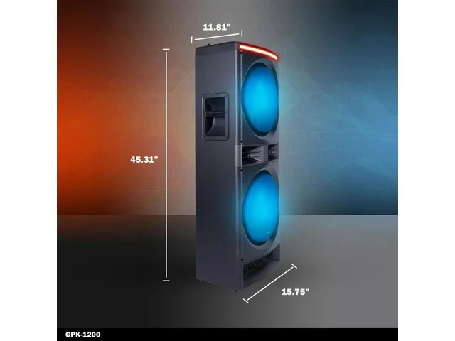 Angled Gemini GPK-1200 speaker with dimensional annotations showing the cabinet's height, width and depth