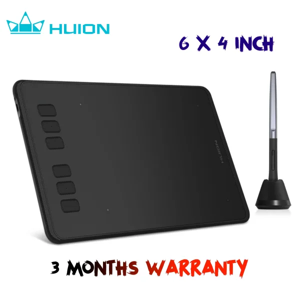 Black Huion Inspiroy H640P with six shortcut keys along one edge and its digital pen