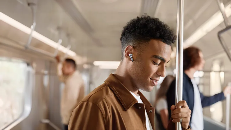 Soundcore Liberty 4 Pro earbuds used on public transport commute