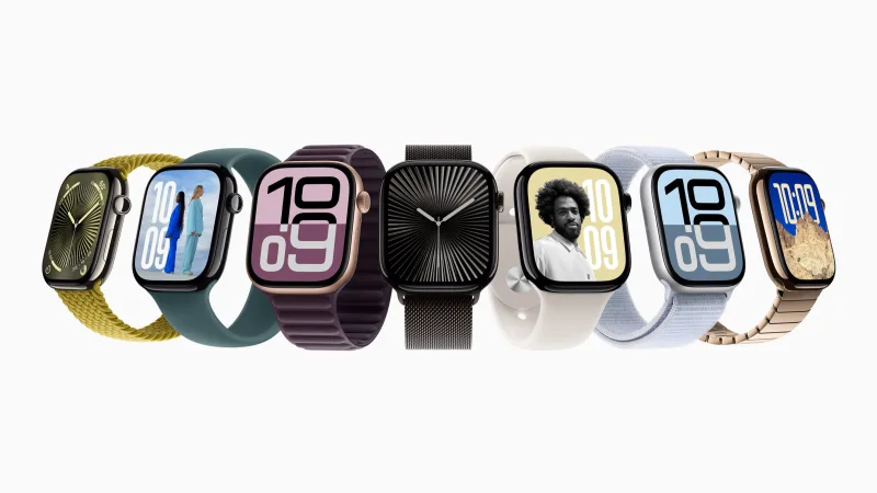 Apple Watch Series 10 lineup showing multiple watch faces and bands