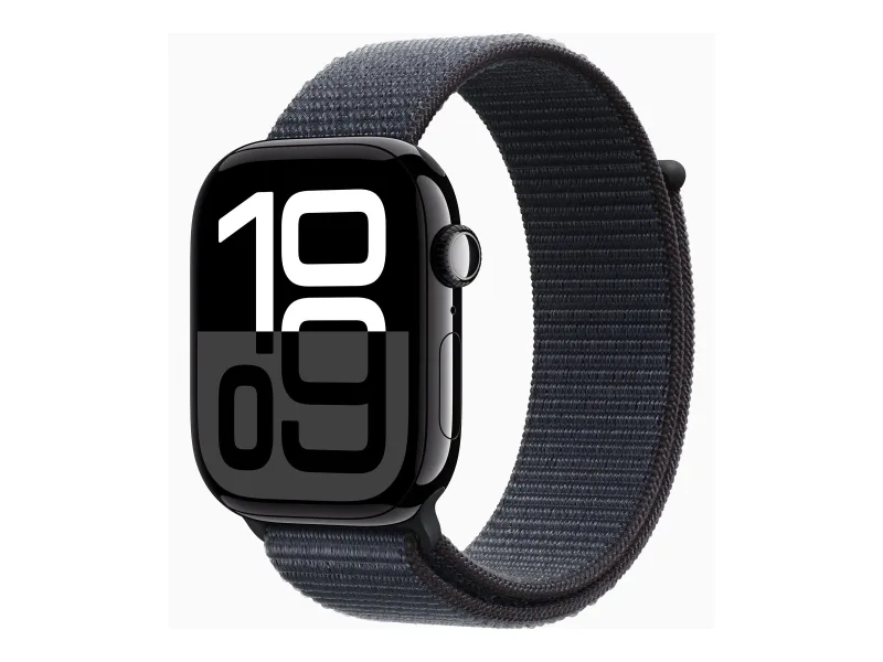 Apple Watch Series 10 on wrist with fabric band and digital watch face