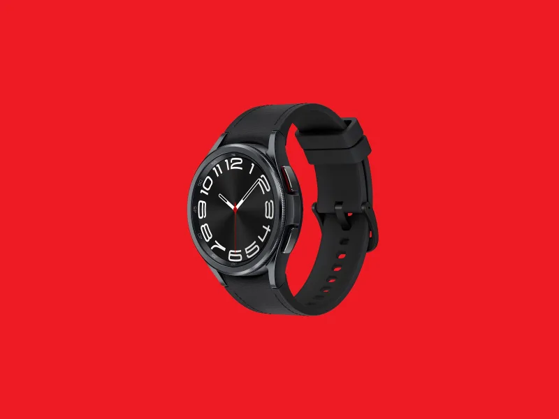 Samsung Galaxy Watch6 Classic front view with rotating bezel and black strap