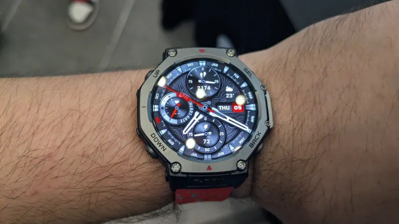 Amazfit T-Rex 3 AMOLED display showing widgets like weather and heart rate