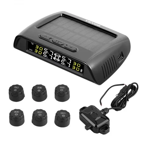 VEVOR C300 solar TPMS monitor with six valve cap sensors