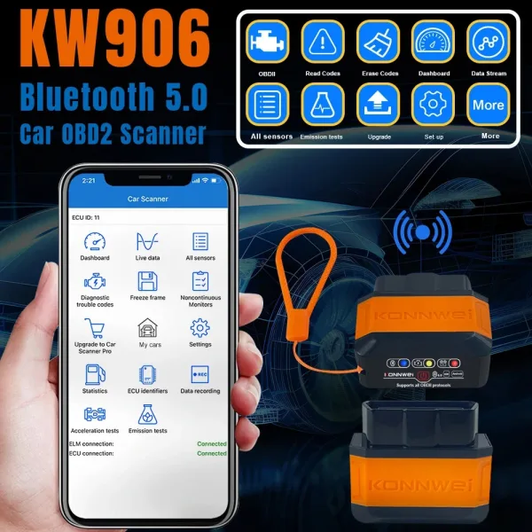 KONNWEI KW906 OBD2 scanner connected to smartphone app