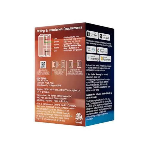 Cync 93131905 wiring diagram on package showing circuit options