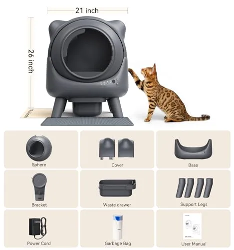 FEELNEEDY self-cleaning litter box dimensions and included parts infographic