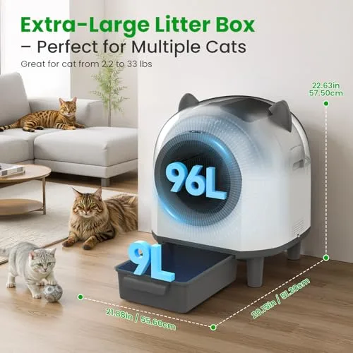 OROLEY self-cleaning litter box size and control panel for multiple cats