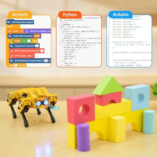 Hiwonder MechDog-S visual coding interface showing Scratch and Arduino options