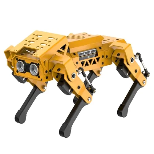 Hiwonder MechDog-S front view showing yellow aluminum chassis and leg joints