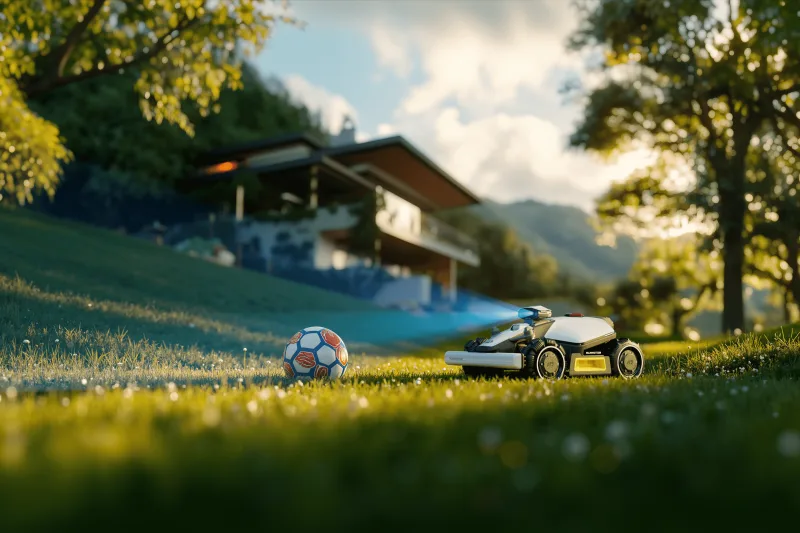 Mammotion LUBA mini AWD 800H avoiding a soccer ball with AI vision