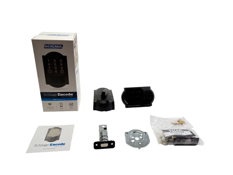 Schlage BE489WB Encode WiFi deadbolt box with accessories laid out