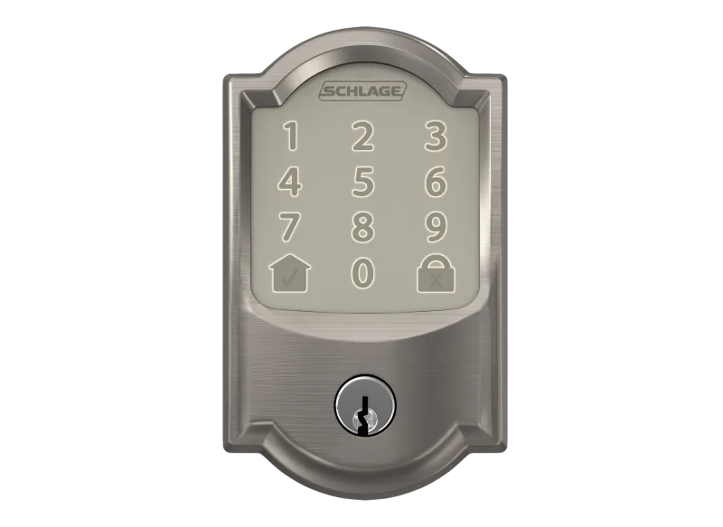 Schlage BE489WB Encode WiFi deadbolt touchscreen on exterior trim