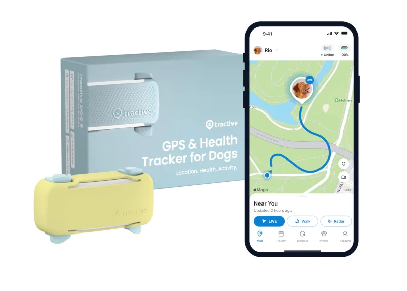 Tractive Smart dog GPS tracker next to health tracking app screen