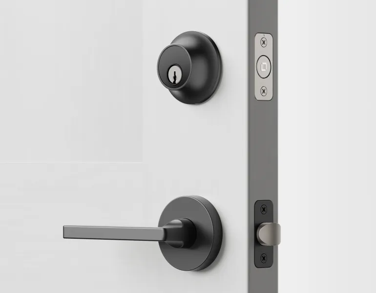 Level Lock+ installed on modern exterior deadbolt and handle set