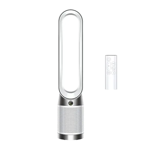Dyson PC1 bladeless purifier fan with remote beside unit