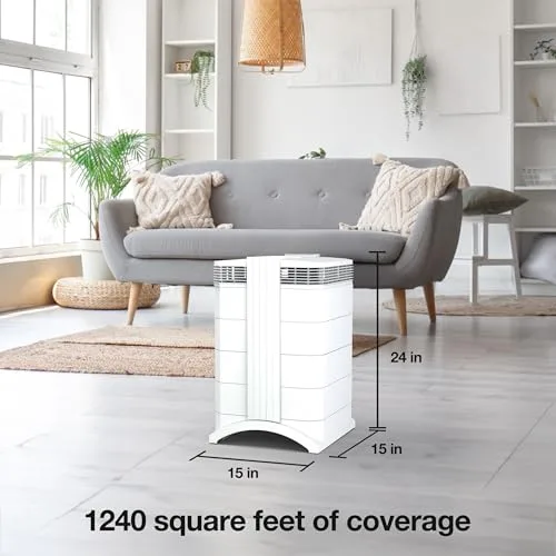 IQAir HealthPro Compact XE purifier with printed dimensions and coverage