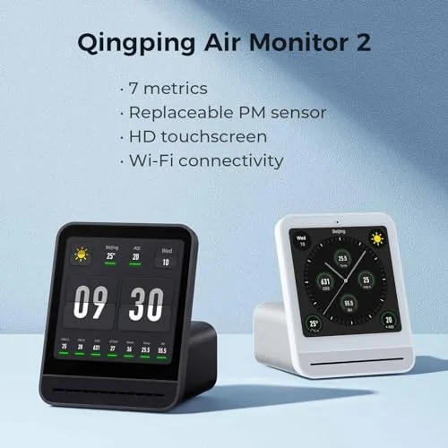 Qingping Air Monitor 2 4-inch touchscreen showing live air metrics