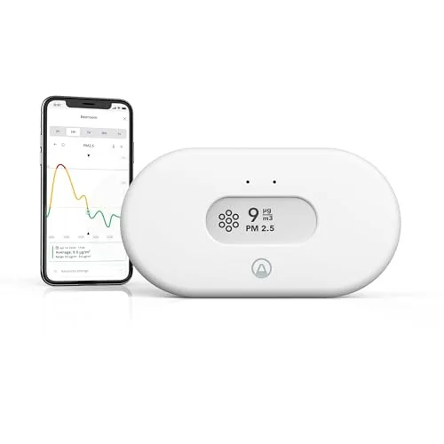 Airthings View Pollution with phone app showing air quality trend charts