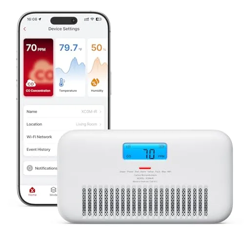 X-Sense XC0M-iR beside app showing CO, temperature, humidity