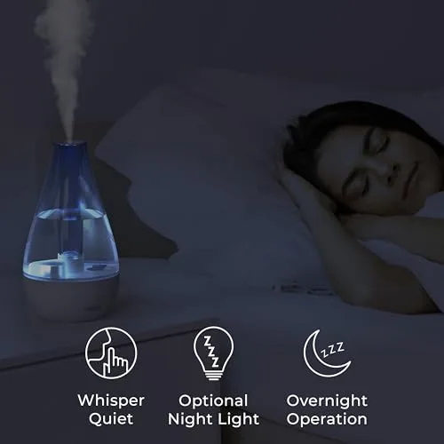 Pure Enrichment MistAire Studio feature panel showing whisper-quiet nightstand humidifier