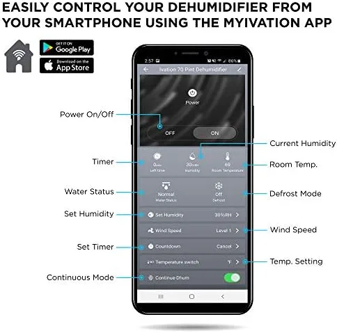 Ivation 4500 sq ft dehumidifier smartphone app control screen interface