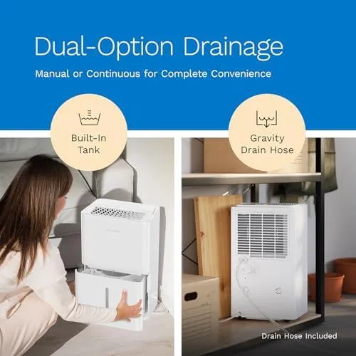 hOmeLabs 3,500 sq ft Wi‑Fi dehumidifier back showing drain hose port and tank