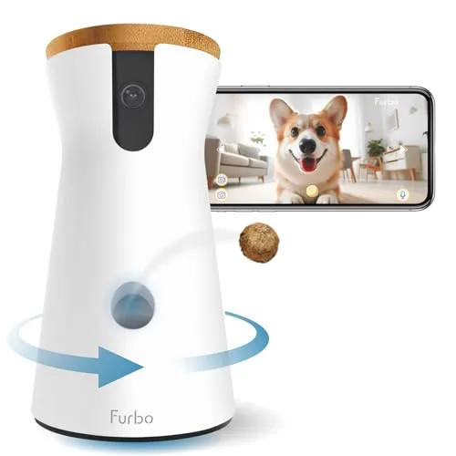 Furbo 360 pet camera dispensing treats with dog on phone app